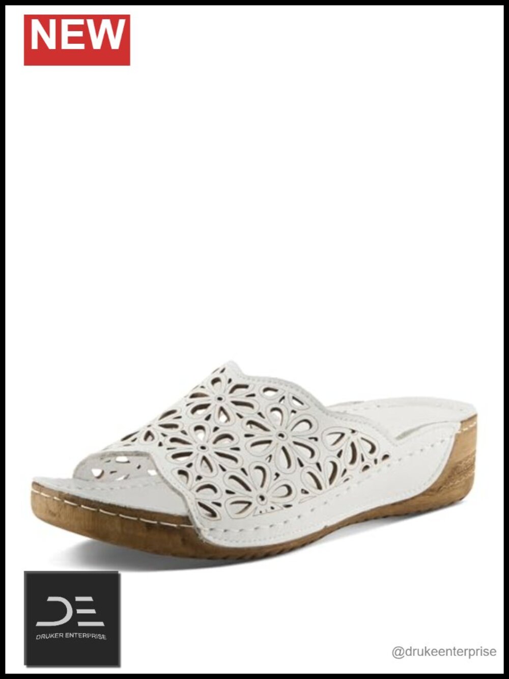 Women's Leather Wedge Mule Sandals with Laser-Cut Floral Detail and Cushioned